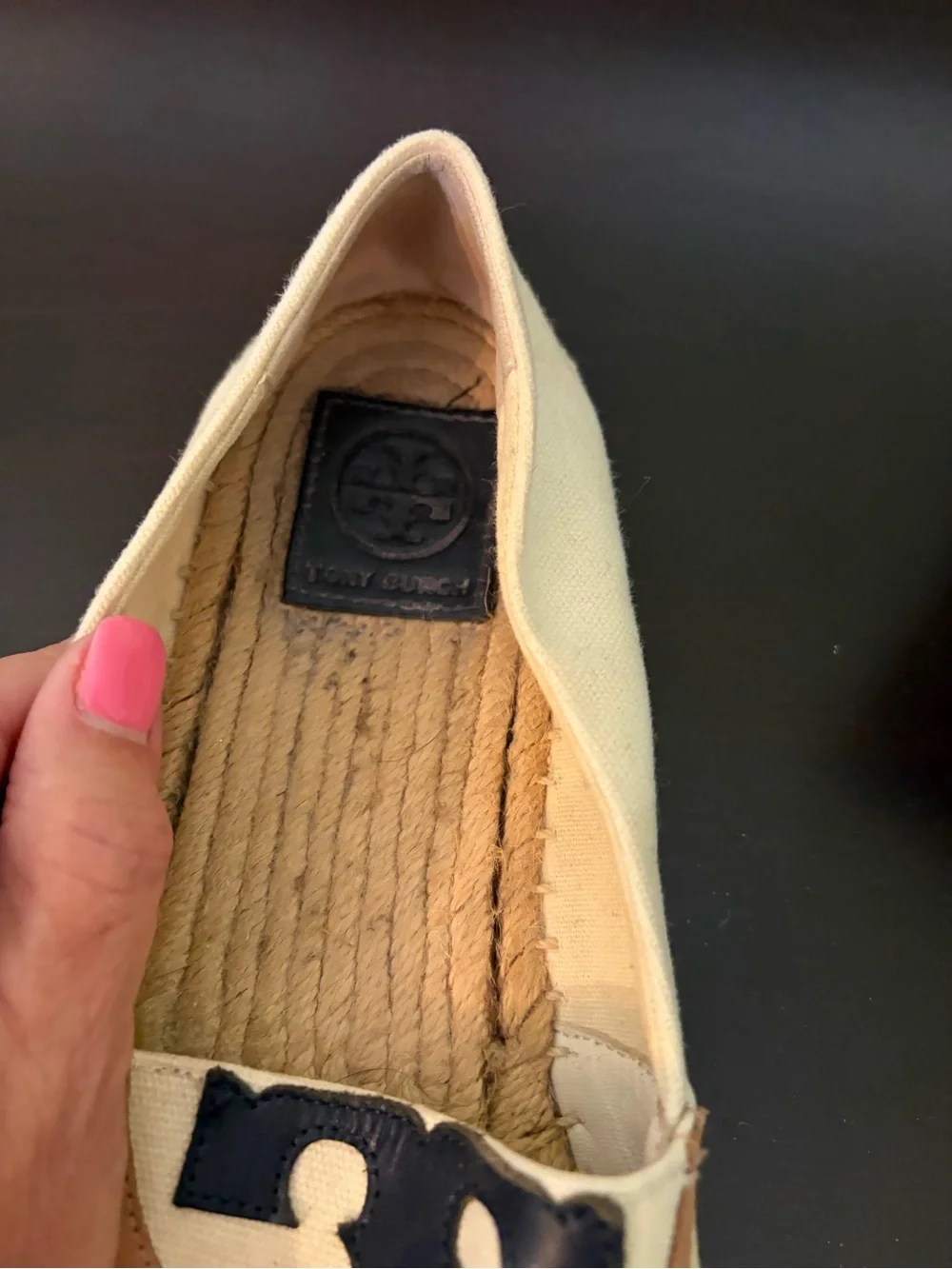 Tory Burch Cream Canvas Espadrilles with Navy & Tan Leather Trim